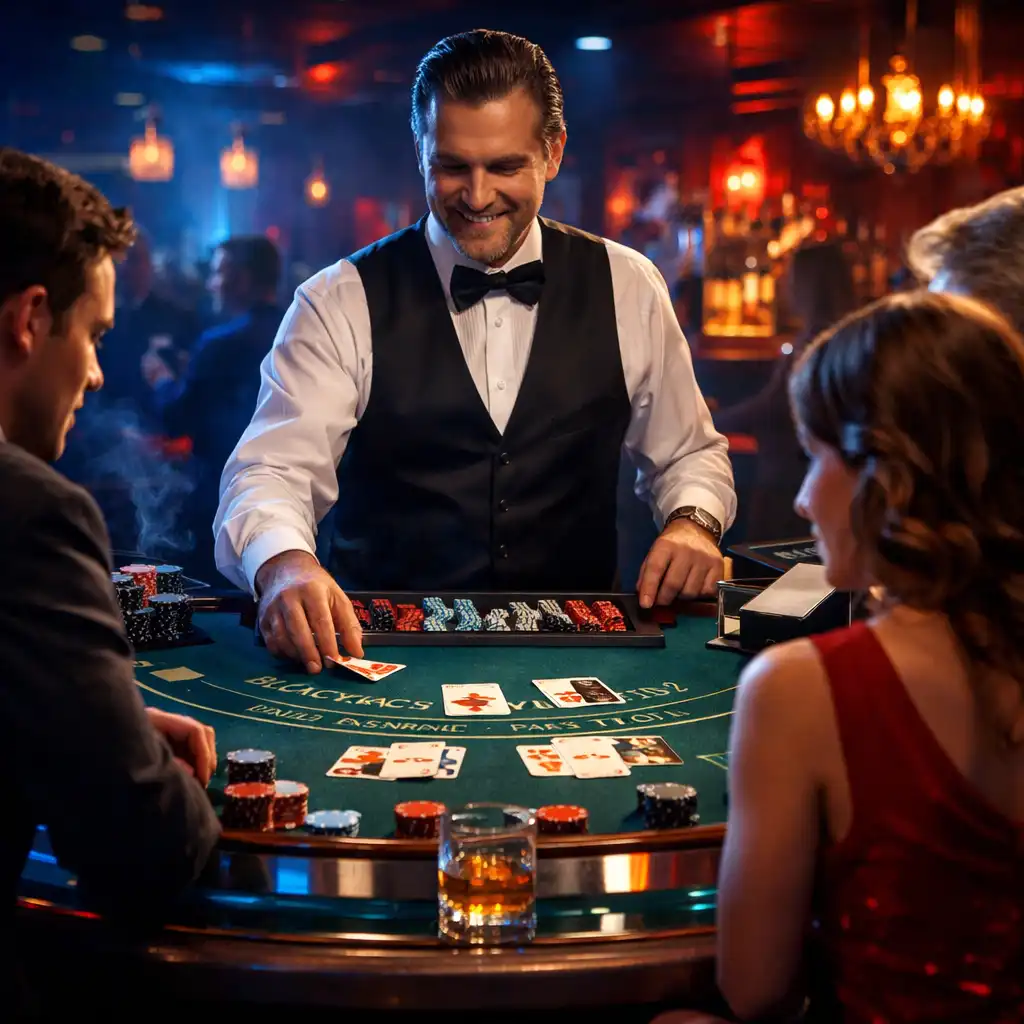 Atmosferyczne ujęcie stołu blackjack z oświetleniem w filmowym stylu