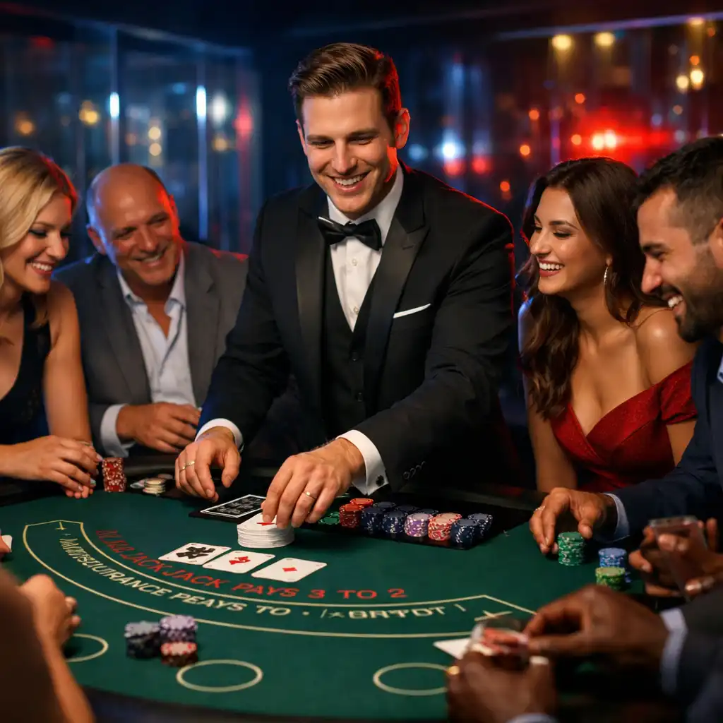 Profesjonalny krupier prowadzący wieczór blackjacka w towarzyskiej atmosferze