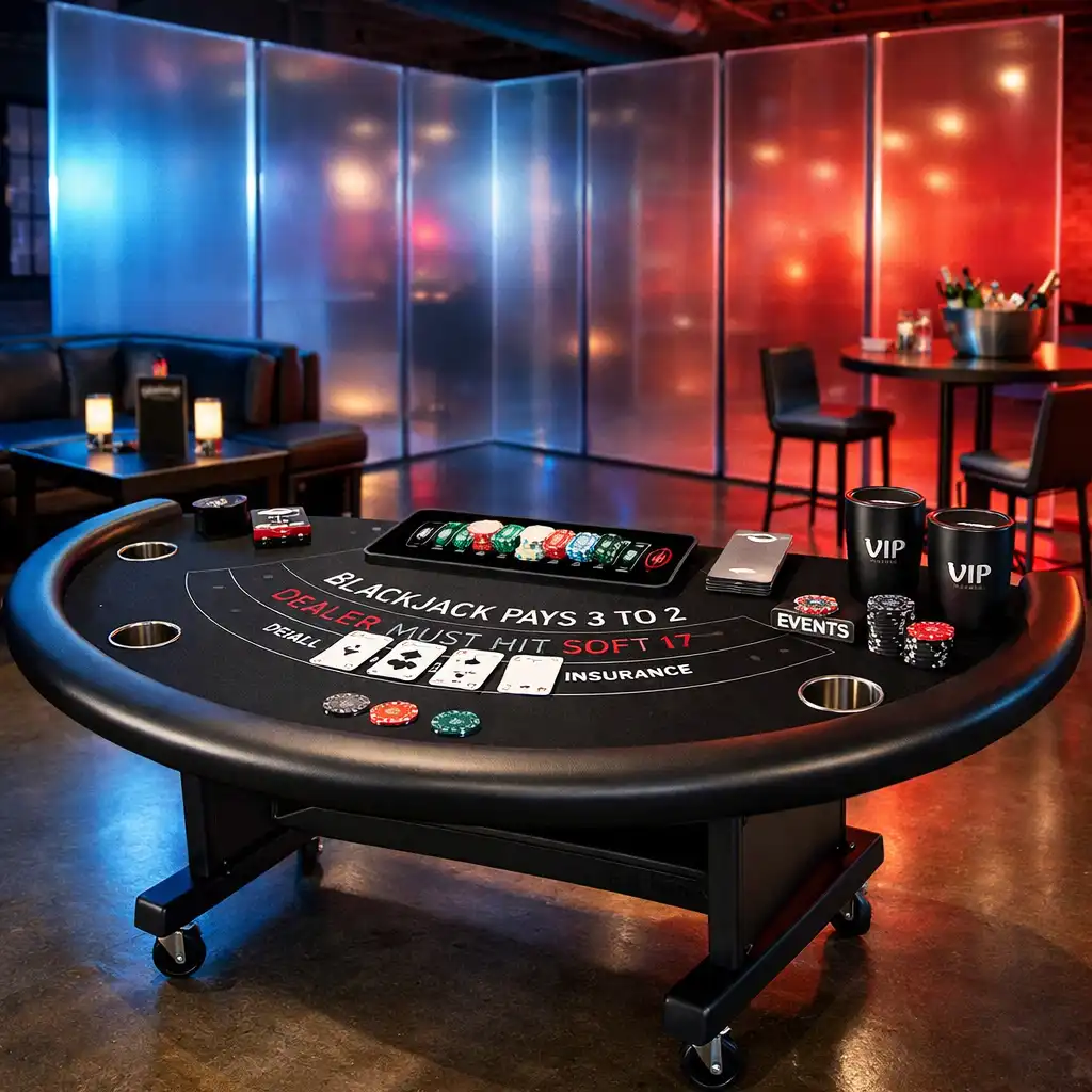 Mobilny stół blackjack INTER-COP przygotowany w klimacie Vegas na eleganckim evencie