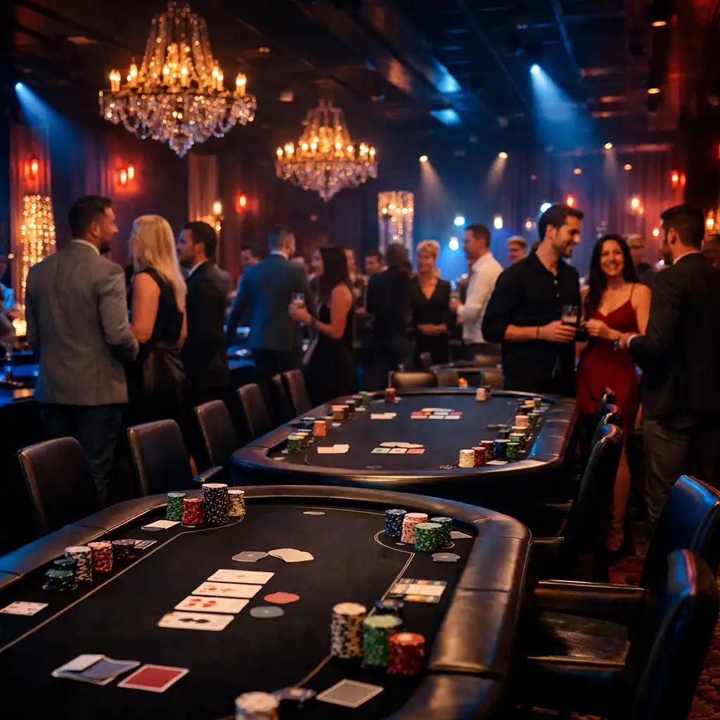 Ciemne, filmowe ujęcie stołów do pokera, ruletki i blackjacka przygotowanych na event INTER-COP