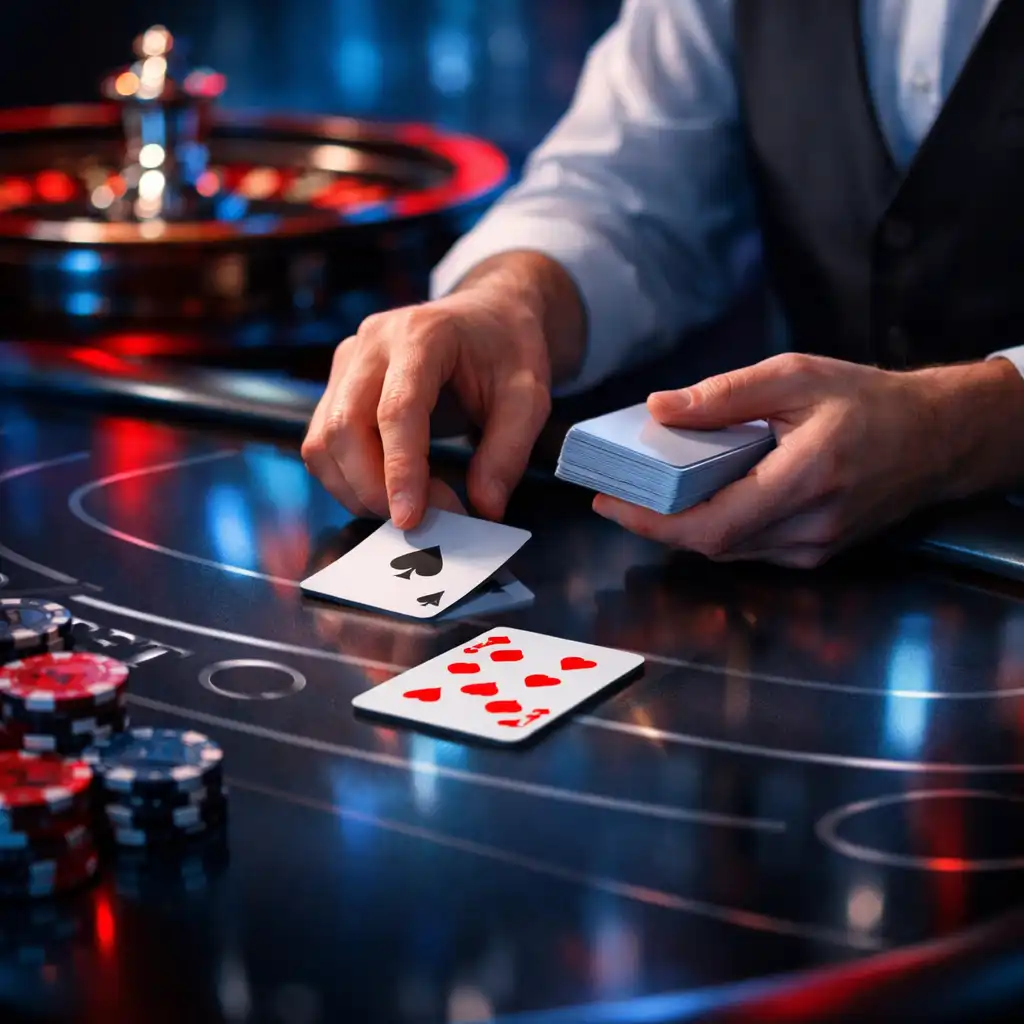Zbliżenie na stoły do pokera, ruletki i blackjacka przygotowane na firmowy event INTER-COP
