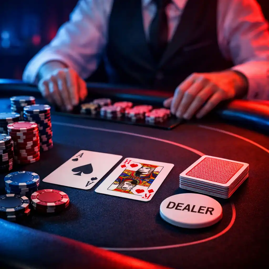 Zbliżenie na profesjonalne stoły do pokera, ruletki i blackjacka przygotowane na event