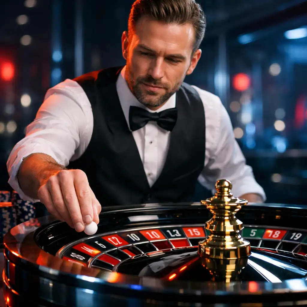 Doświadczony krupier prowadzący ruletkę podczas eleganckiego wydarzenia