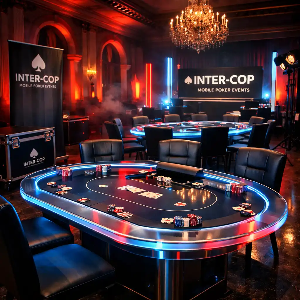 Mobilna realizacja wieczoru pokerowego z profesjonalnymi stołami i oświetleniem