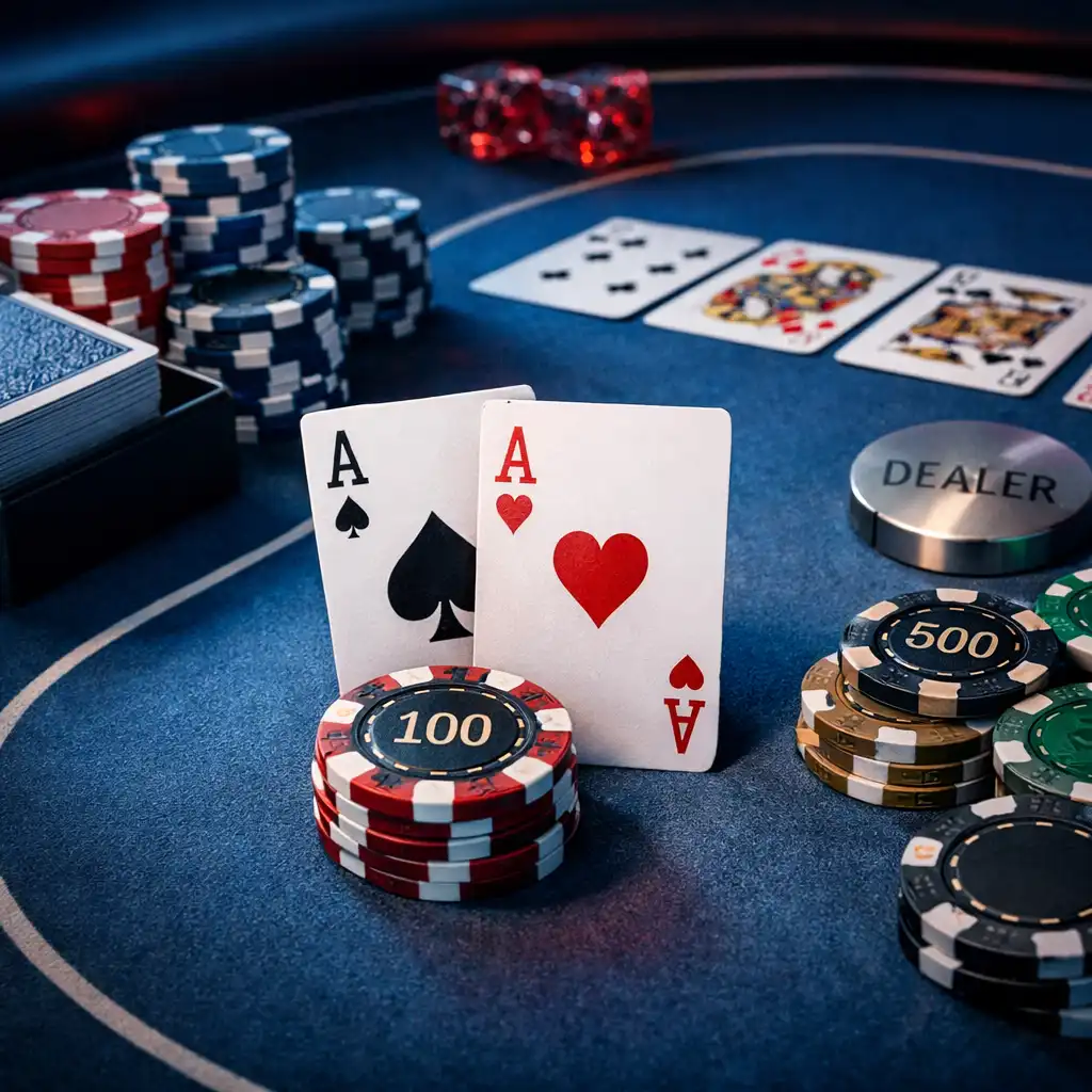 Profesjonalny stół pokerowy z kartami, żetonami i nastrojowym oświetleniem